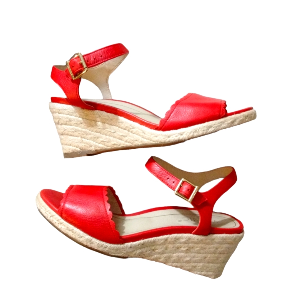 Vionic Stephany Cherry Red Scalloped Leather Espadrille Wedge Sandals Size 8.5